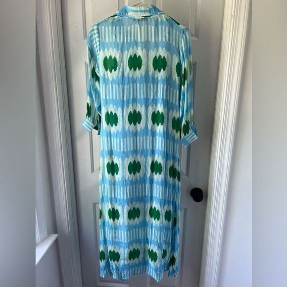 Oliphant V-Neck Maxi Midi Flutter Sleeve Dress Ikat Blue Green XS Cotton - Picture 4 of 5